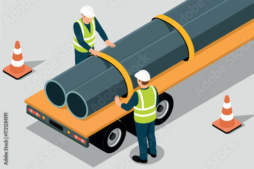 Construction workers loading large industrial pipes onto a transport trailer for heavy duty hauling and infrastructure projects