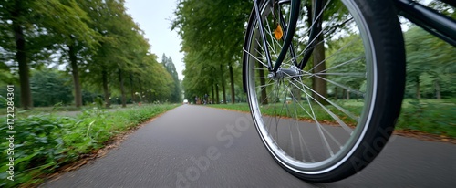 The bicycle wheel spinning along a smooth road or sidewalk trail.
