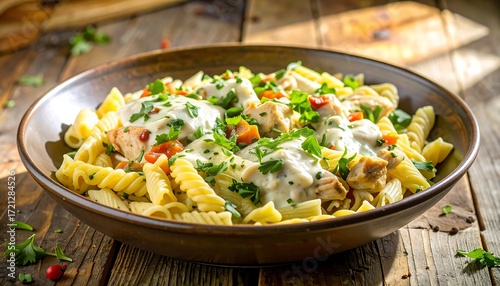 Creamy pasta dish with chicken and vegetables
