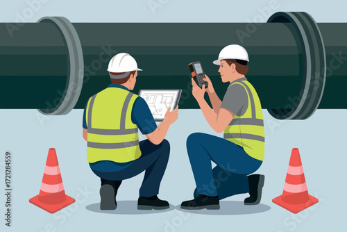 Two construction workers in high-visibility vests and hard hats inspect a large pipe with orange traffic cones nearby on a light blue background.