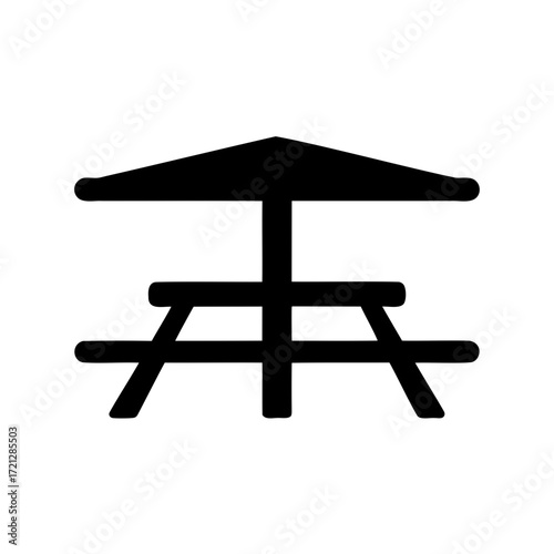 A simplified graphic of a picnic table with a sun umbrella