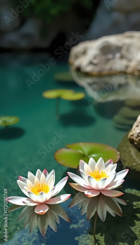 Two white water lilies floating on top of a body of water.