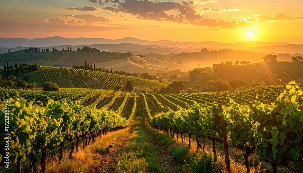 Fototapeta premium Golden Sunrise Over Rolling Hills Vineyard
