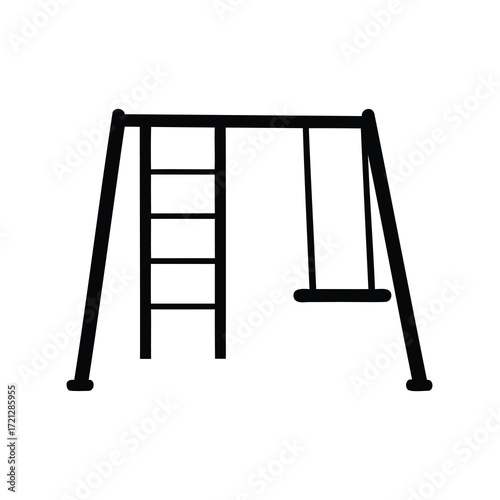 Black and white illustration of a swing set with ladder