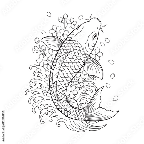 A monochrome, highly detailed line art illustration of a Japanese Koi fish.