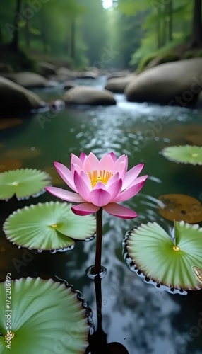 A pink water lily in the middle of a pond surrounded by green leaves.