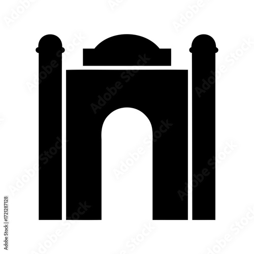 Monochrome illustration of an archway with domes and pillars in silhouette