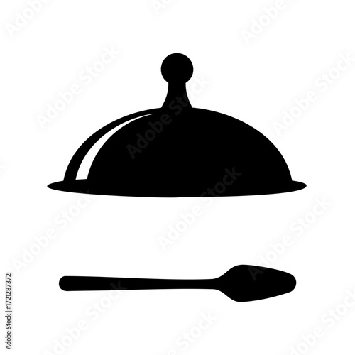 Minimalist illustration of a serving platter and spoon on a white background