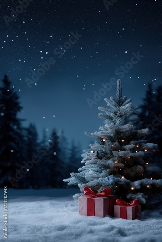 Snowy christmas tree at night with red ornaments and presents in a winter forest