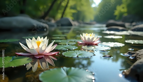 A couple of white water lilies floating on top of a pond.