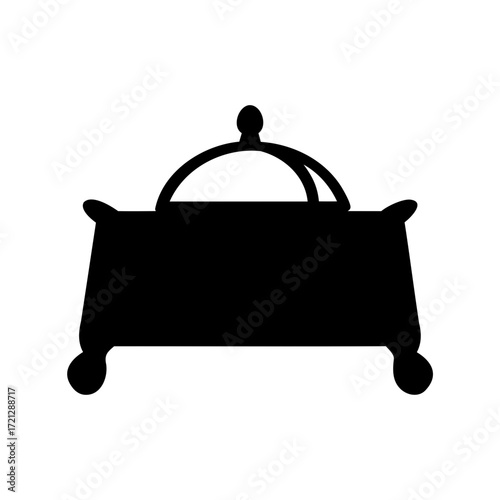 A decorative black silhouette of a covered dish or tureen illustration
