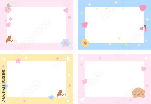 Pastel frame set with puppy, hearts, flowers for polaroid photo, rectangle ad template, social media post, banner, notepad, sticky note, memo, paper design, poster, adopt and rescue animal, pet shop