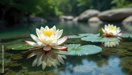 A white water lily floating on top of a body of water.