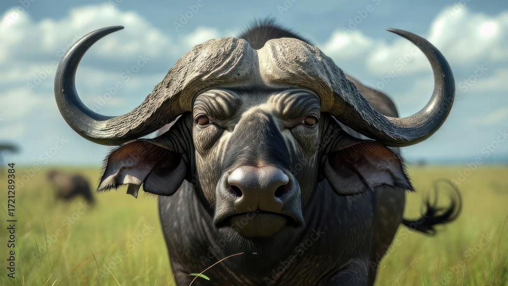 Naklejka premium Close-up of a buffalo in a grassy savanna