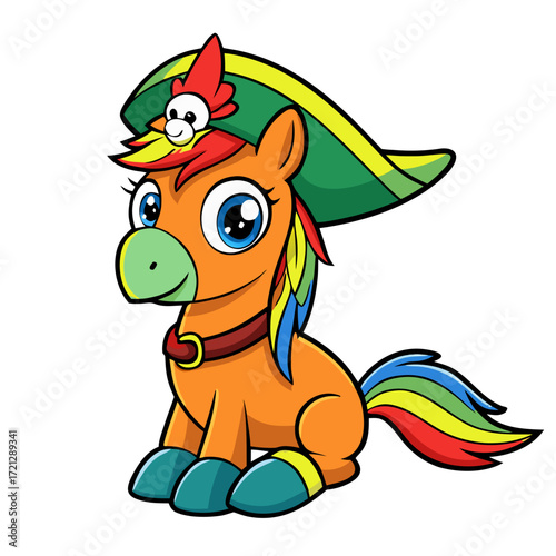 Colorful Cartoon Pony Sitting with Pirate Hat and Parrot, Whimsical Vector Digital Art Character