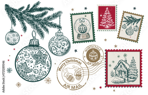 Christmas Stamps on white, mail, postcard hand drawn illustrations.