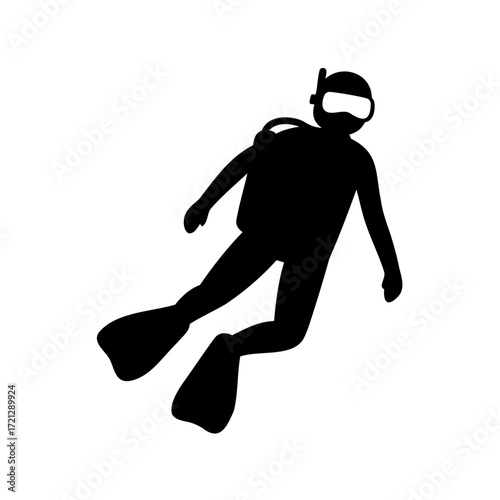 Black silhouette of a scuba diver swimming in the ocean water illustration