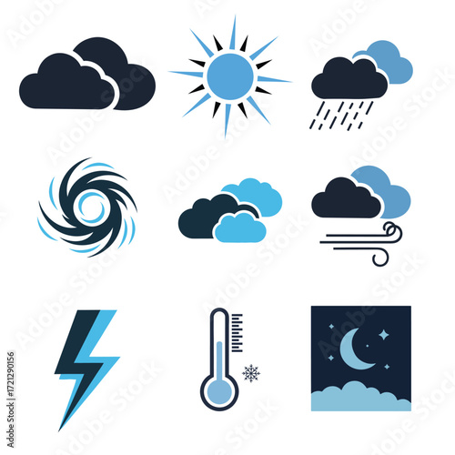 Weather forecast vector icon collection. Flat style symbols for sun, cloud, rain, storm, wind, and temperature isolated on a white background.