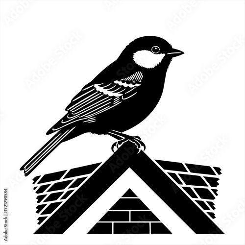 Great Tit Bird on Roof Illustration Minimalist Vector Art in Black and White
