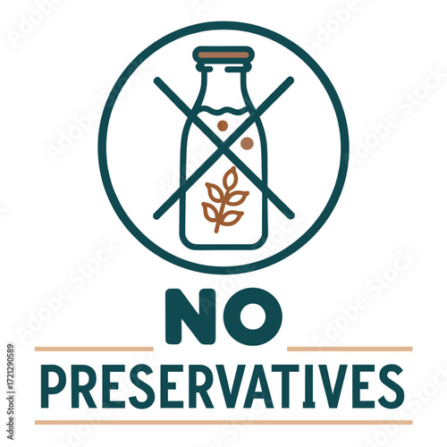 No preservatives sign with a milk bottle and leaf icon on a white background