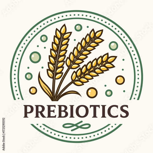 Prebiotics concept with wheat illustration and circular design elements in vintage style