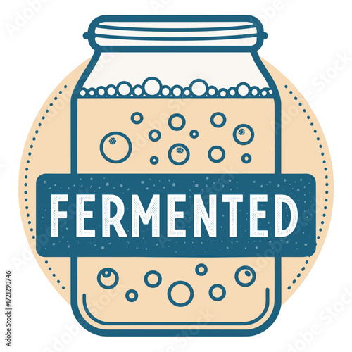 Fermented foods bottle illustration with bubbles in retro style on beige background