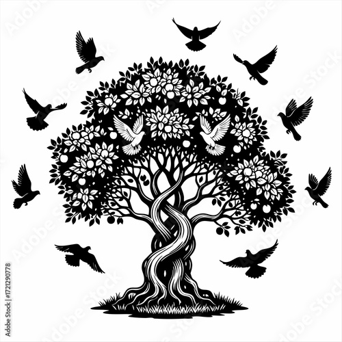 Symbolic Tree of Life with Birds Flying Around in Detailed Black and White Illustration