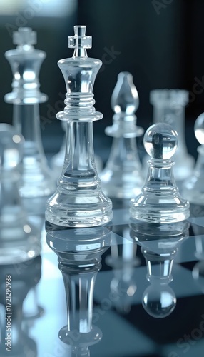 A group of glass chess pieces sitting on top of a chess board.