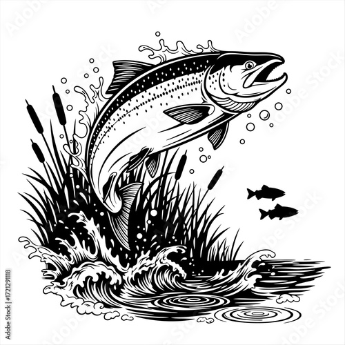 Leaping Salmon A Black and White Illustration