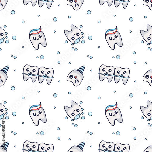Mouth hygiene kawaii seamless pattern. Stomatology concept illustration. Oral hygiene, implantation, prosthetics, braces textile design. Dental cleaning cosmetic. Vector