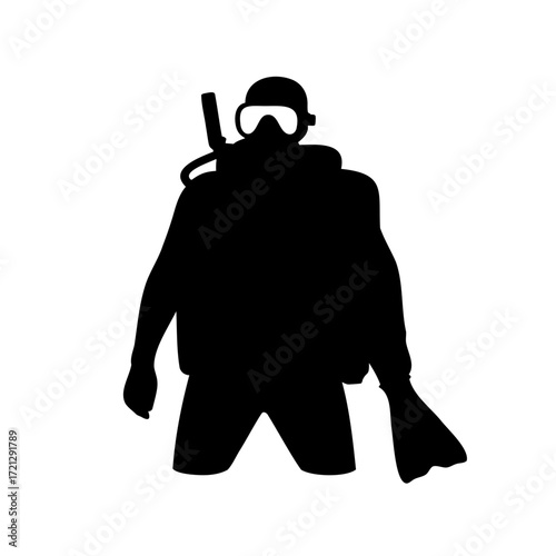 Silhouette of a scuba diver with complete gear on a white background