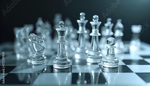 A group of glass chess pieces sitting on top of a chess board.
