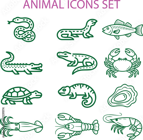 Animal icons set snake lizard