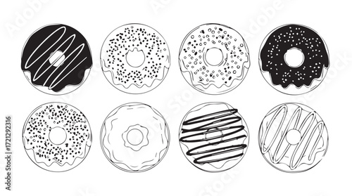 Collection of eight delicious sweet doughnuts with various frostings and sprinkles silhouette