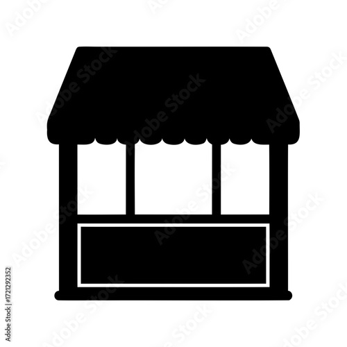 Black and white illustration of a market stall or small shop icon