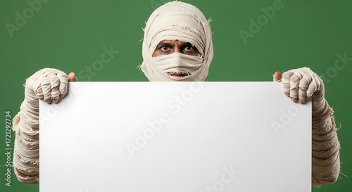 Mummy Holding Blank Sign Against Green Background