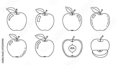 Collection of fresh apples in various stages of slicing and whole forms hand drawn style silhouette