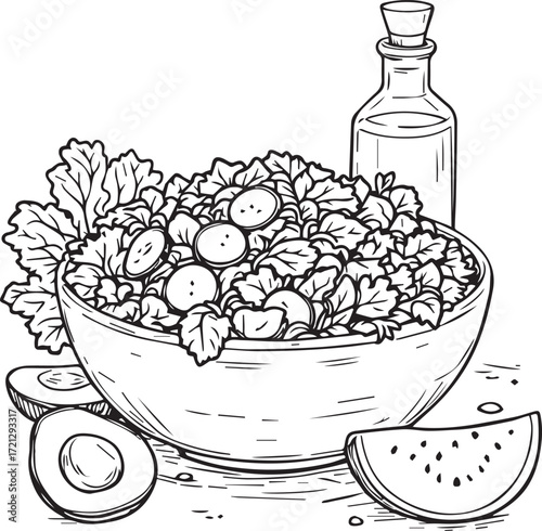 Black and white salad bowl vector with avocado, watermelon, and dressing bottle in healthy food line art