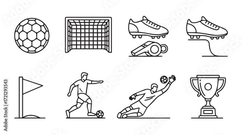 Collection of sketch style soccer football icons featuring ball goal shoes whistle player goalie trophy and flag silhouette