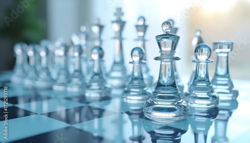 A group of glass chess pieces sitting on top of a chess board.