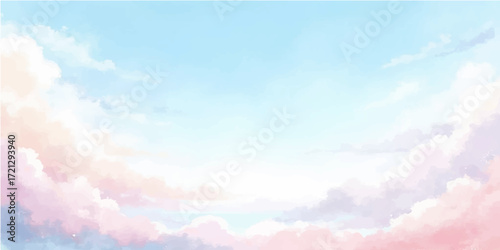 White, fluffy clouds drift peacefully across a vast blue sky, bathed in warm sunlight