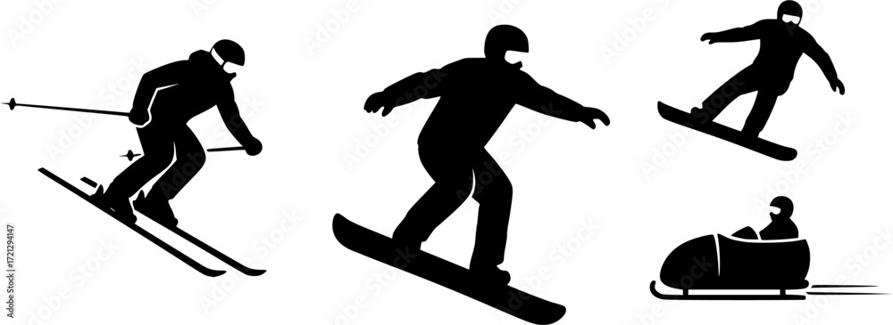 Fototapeta premium Skiing silhouette, Skier silhouette, Ski silhouette, Skier vector set, Snowboarding silhouette, Winter sport silhouette