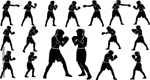 Female boxing silhouettes, Boxing silhouette set, Female boxing silhouette