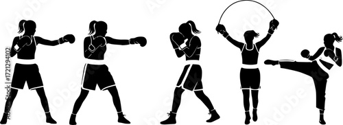 Female boxing silhouettes, Boxing silhouette set, Female boxing silhouette
