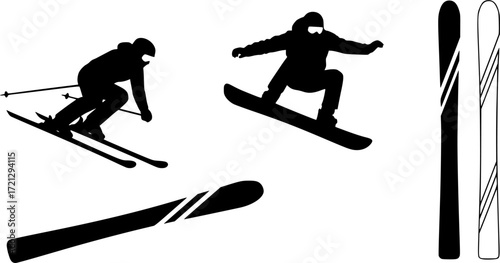 Skiing silhouette, Skier silhouette, Ski silhouette, Skier vector set, Snowboarding silhouette, Winter sport silhouette
