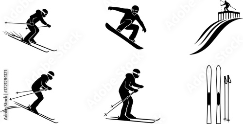 Skiing silhouette, Skier silhouette, Ski silhouette, Skier vector set, Snowboarding silhouette, Winter sport silhouette