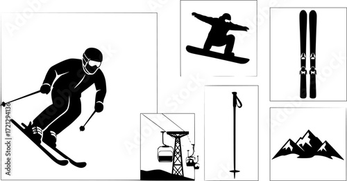 Skiing silhouette, Skier silhouette, Ski silhouette, Skier vector set, Snowboarding silhouette, Winter sport silhouette