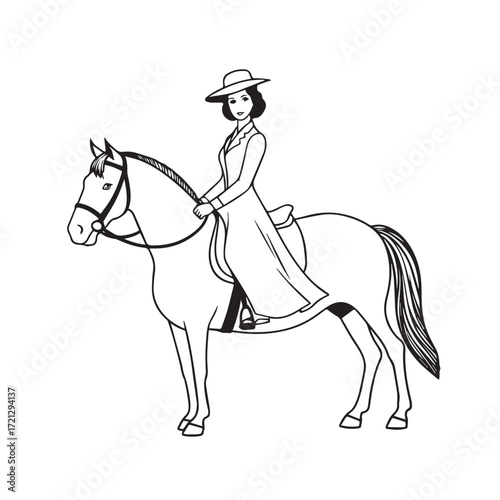 Black and white line art of a beautiful woman with perfect body riding horse elegant minimalist illustration