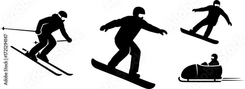 Skiing silhouette, Skier silhouette, Ski silhouette, Skier vector set, Snowboarding silhouette, Winter sport silhouette
