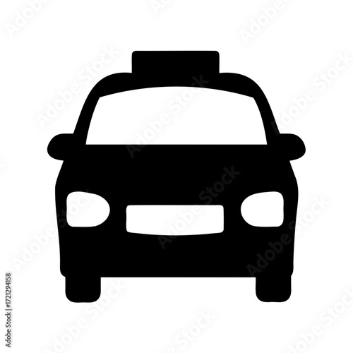 Black silhouette icon of taxi cab front view isolated on white